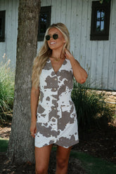 Cow Print Mini Dress-White/Brown
