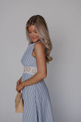 Striped Lace Trim Open Back Midi Dress-Light Blue