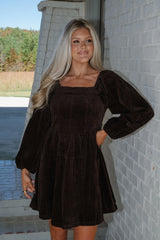 Corduroy Puff Sleeve Mini Dress-Brown