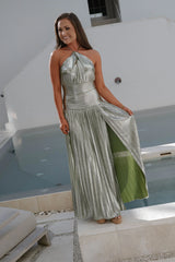 Metallic Pleated Maxi Dress-Sage