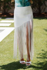 Asymmetrical Fringe Midi Skirt-Cream
