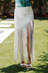 Asymmetrical Fringe Midi Skirt-Cream