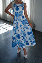 Botanical Sleeveless Midi Dress-Blue