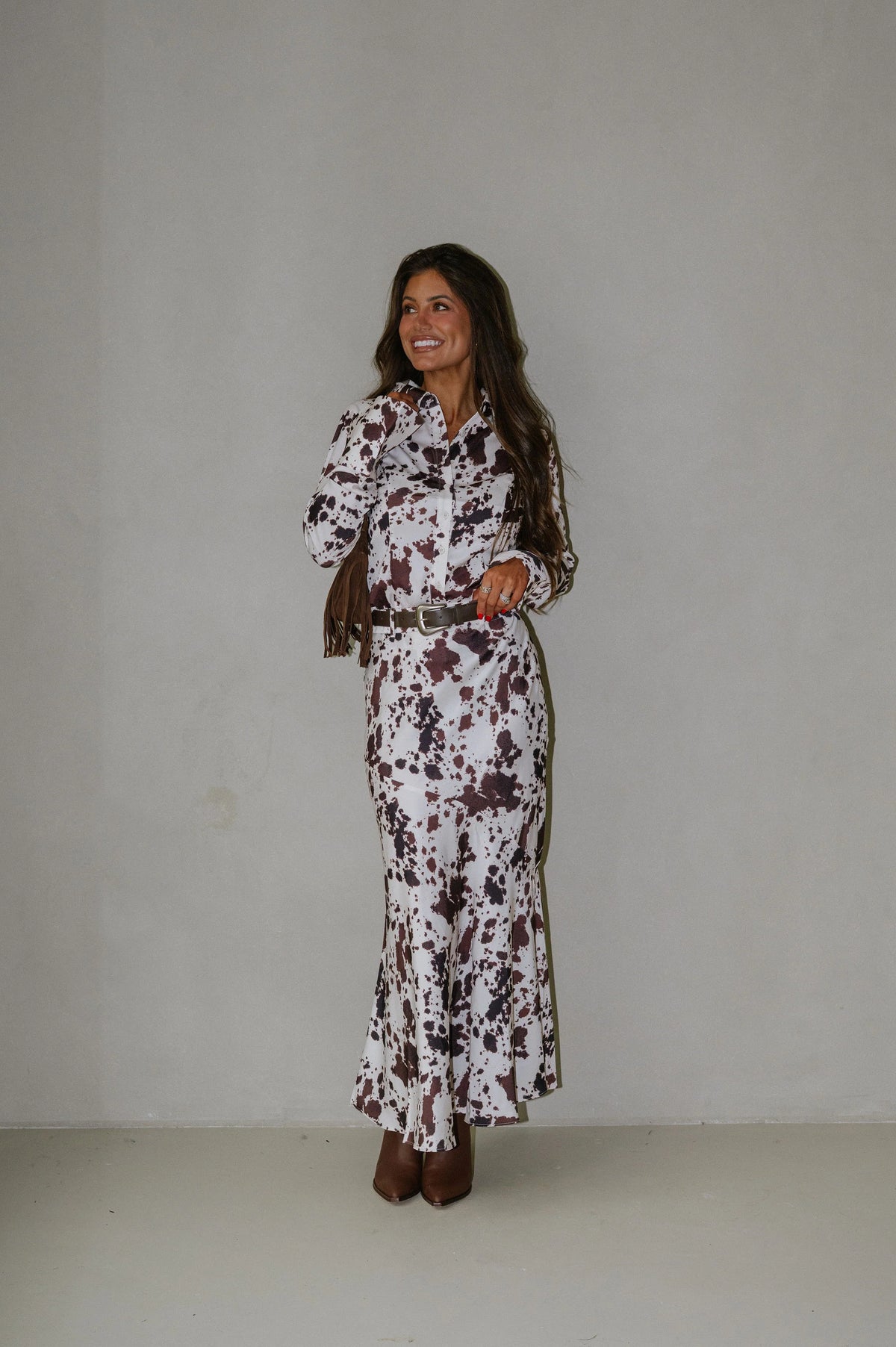 Belted Maxi Skirt-Cow Print