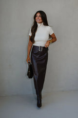 Buckle Waist Back Slit Skirt-Dark Oak