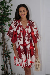 Marina Tropical Mini Dress-Burgundy Multi