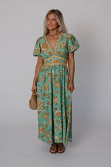 Jaynie Puff Sleeve Midi Dress-Green Multi