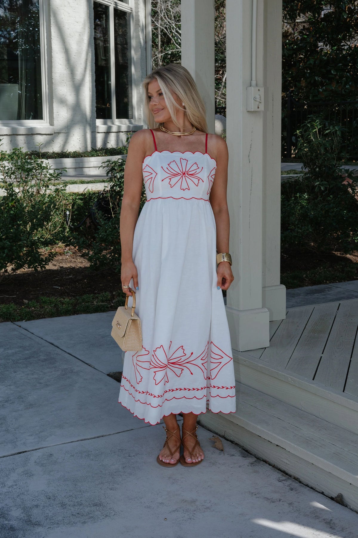 Corey Scalloped Detail Midi Dress-Red