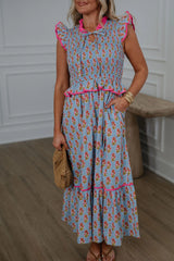 Floral Smocked Peplum Tiered Midi Dress-Blue
