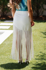 Asymmetrical Fringe Midi Skirt-Cream