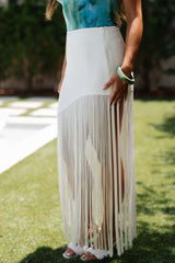 Asymmetrical Fringe Midi Skirt-Cream