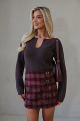 Elise Plaid Buckle Skirt-Burgundy Multi