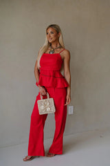 Linen Tube Pants Set-Red