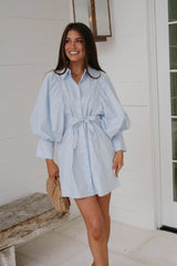 Puff Sleeve Mini Poplin Dress-Soft Blue