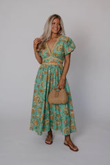 Jaynie Puff Sleeve Midi Dress-Green Multi