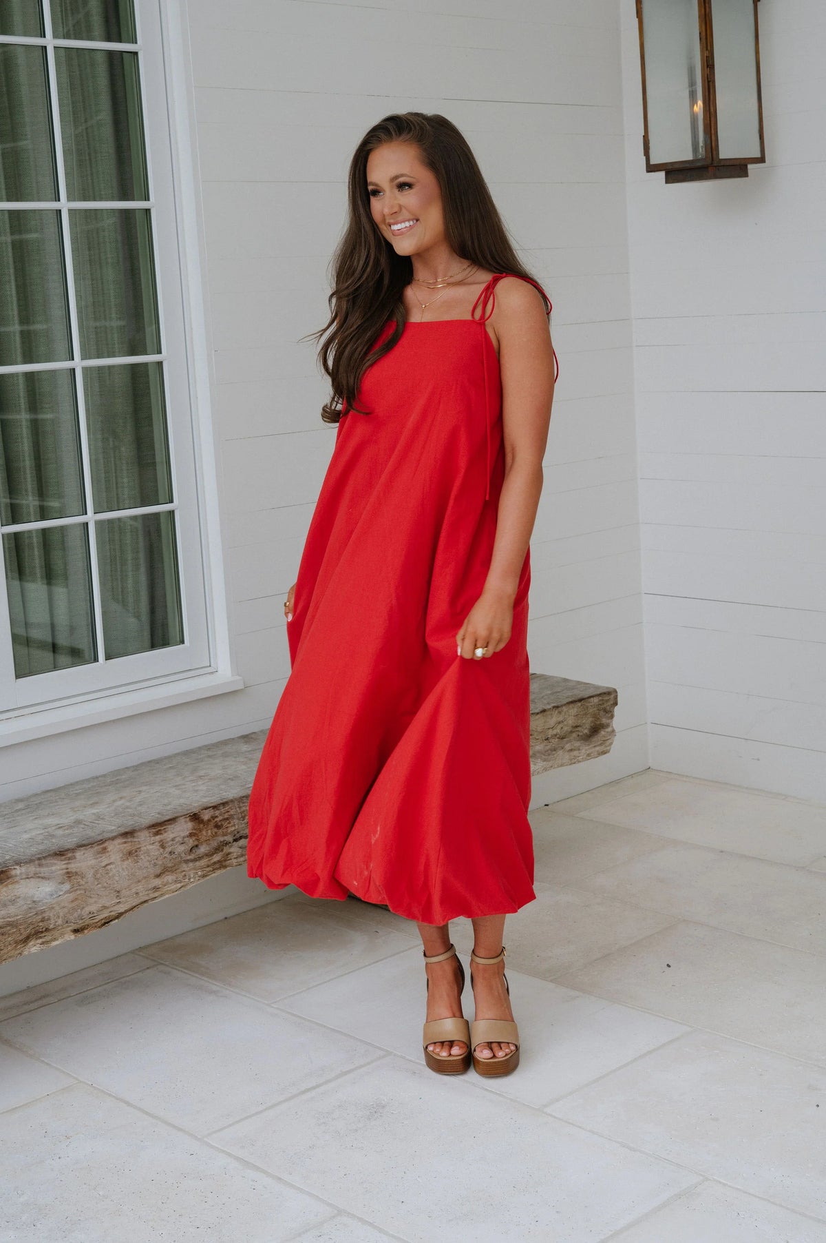 Bubble Hem Midi Dress- Red