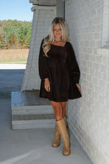 Corduroy Puff Sleeve Mini Dress-Brown
