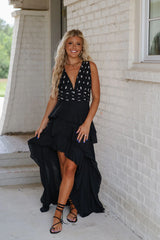Floral Embroidered Ruffled Maxi Dress-Black