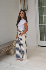 Exposed Seam Striped Sweatpants-Navy/Cream