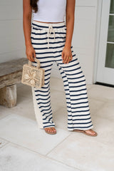 Exposed Seam Striped Sweatpants-Navy/Cream