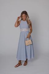 Striped Lace Trim Open Back Midi Dress-Light Blue
