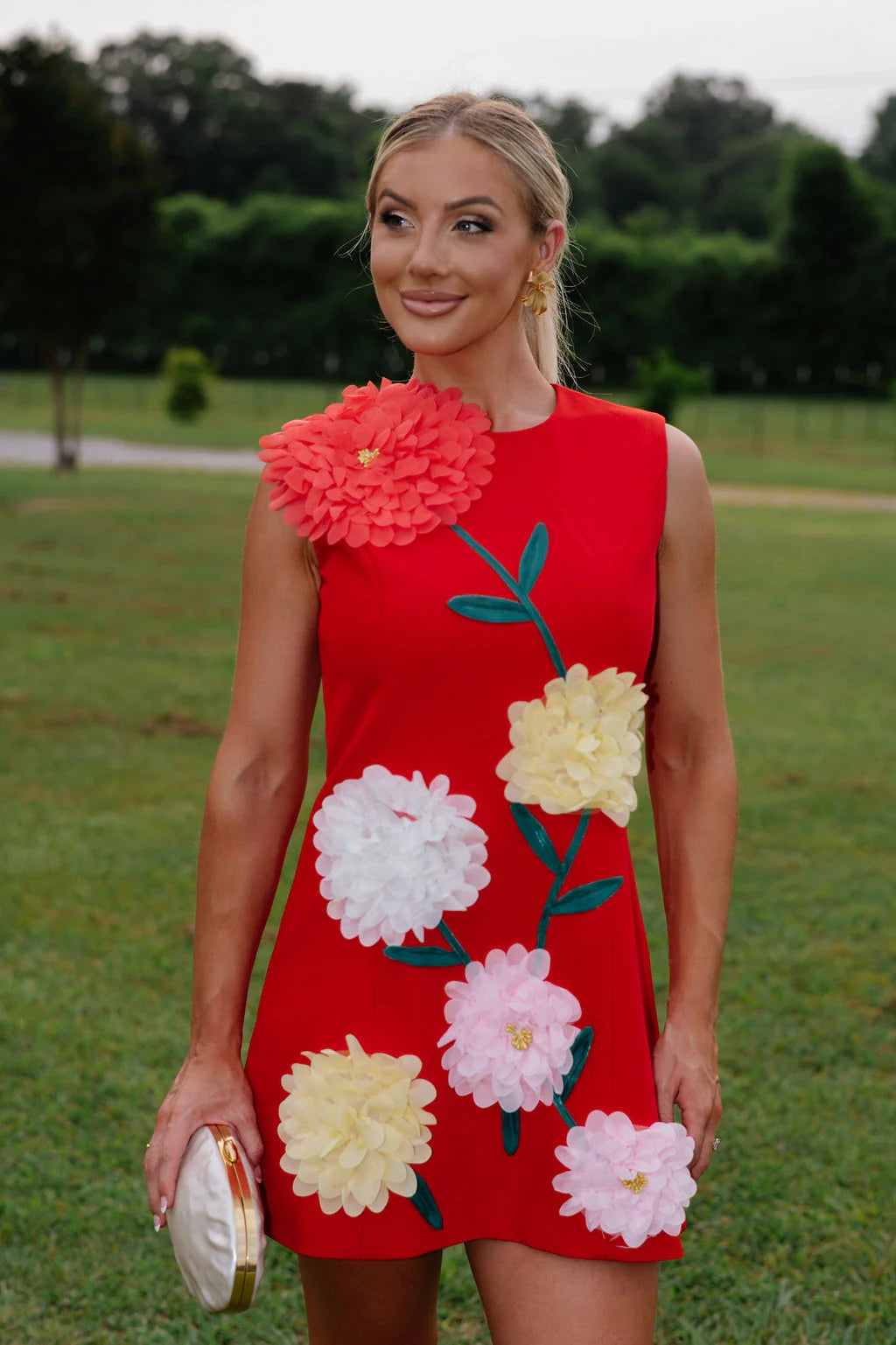 Floral Embroidered Mini Dress-Red