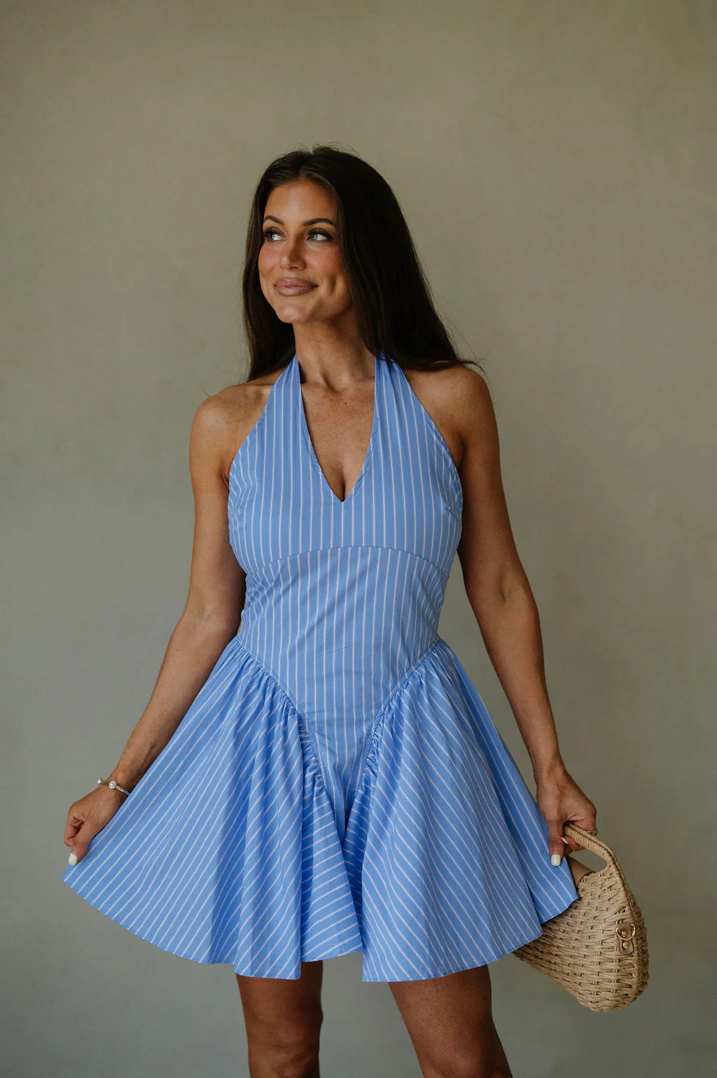 Striped Pleated Hem Mini Dress-Blue