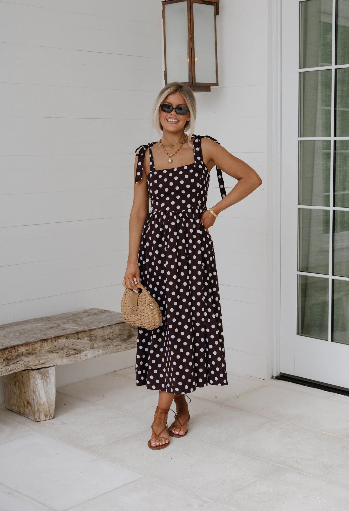 Serena Polka Dot Midi Dress-Brown