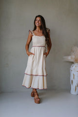 Layered Embroidered Midi Dress- Almond