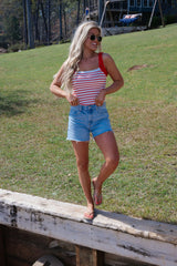 Tess Crochet Detail Knit Top-Red/Off White