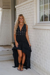 Floral Embroidered Ruffled Maxi Dress-Black