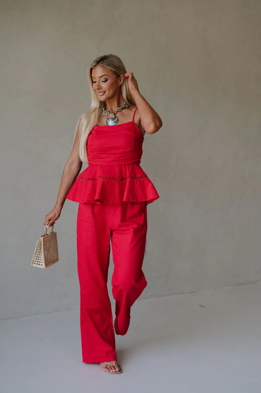 Linen Tube Pants Set-Red