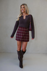 Elise Plaid Buckle Skirt-Burgundy Multi