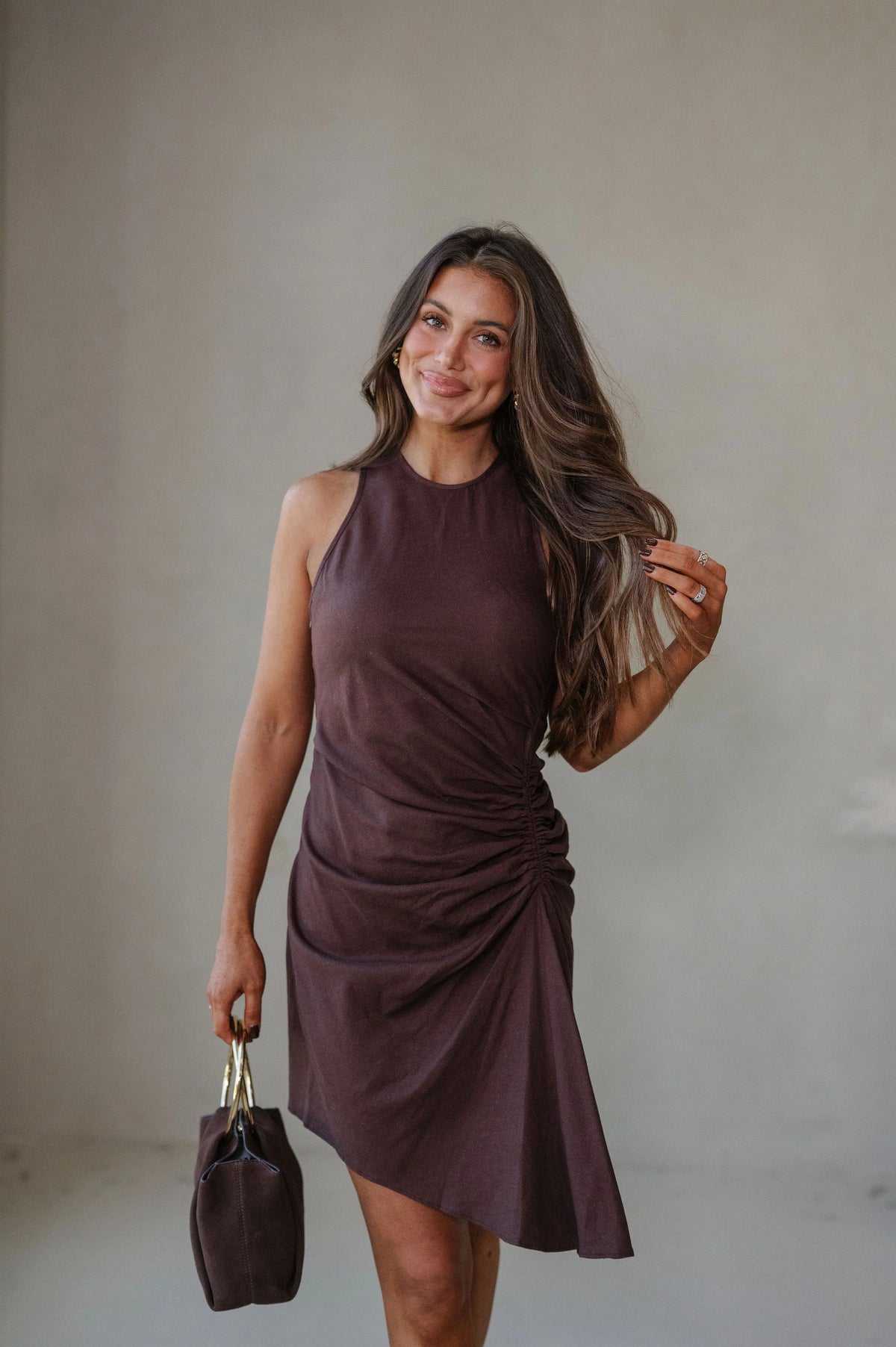Palmer Ruched Mini Dress-Chocolate