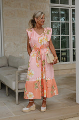Hibiscus Ruffle Tiered Midi Dress-Pink/Coral Multi