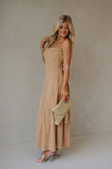 Pleat Detailed Maxi Dress-Taupe