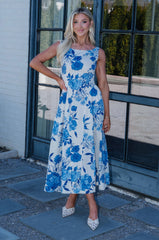 Botanical Sleeveless Midi Dress-Blue
