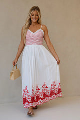 Embroidered Smocked Maxi Dress-Red