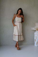 Layered Embroidered Midi Dress- Almond