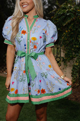 Floral Puff Sleeve Mini Dress-Blue