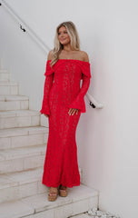 Della Lace Maxi Dress-Red/Nude