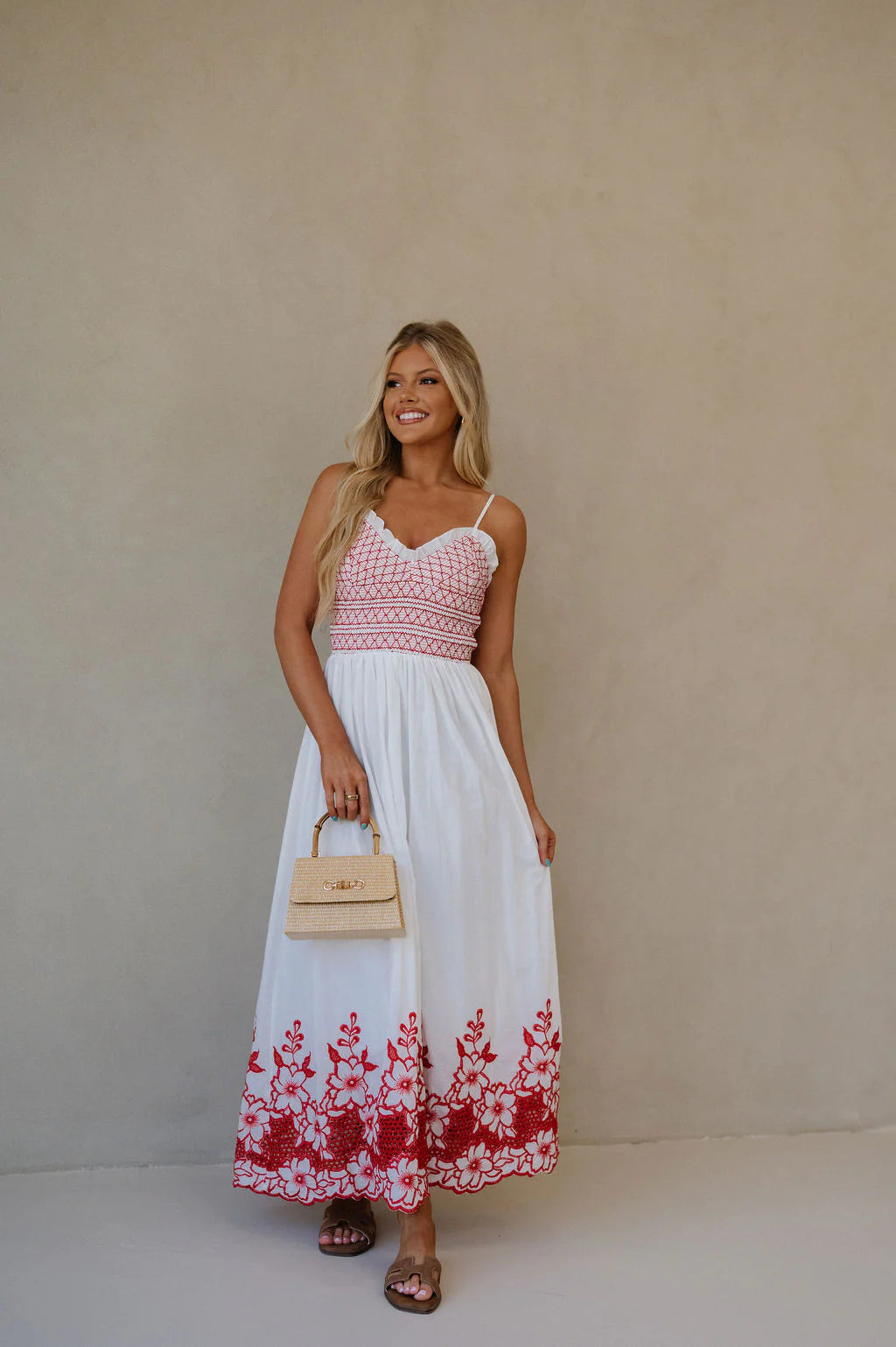 Embroidered Smocked Maxi Dress-Red