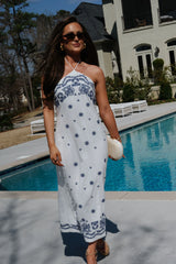 Tristan Embroidered Midi Dress-Off White/Blue