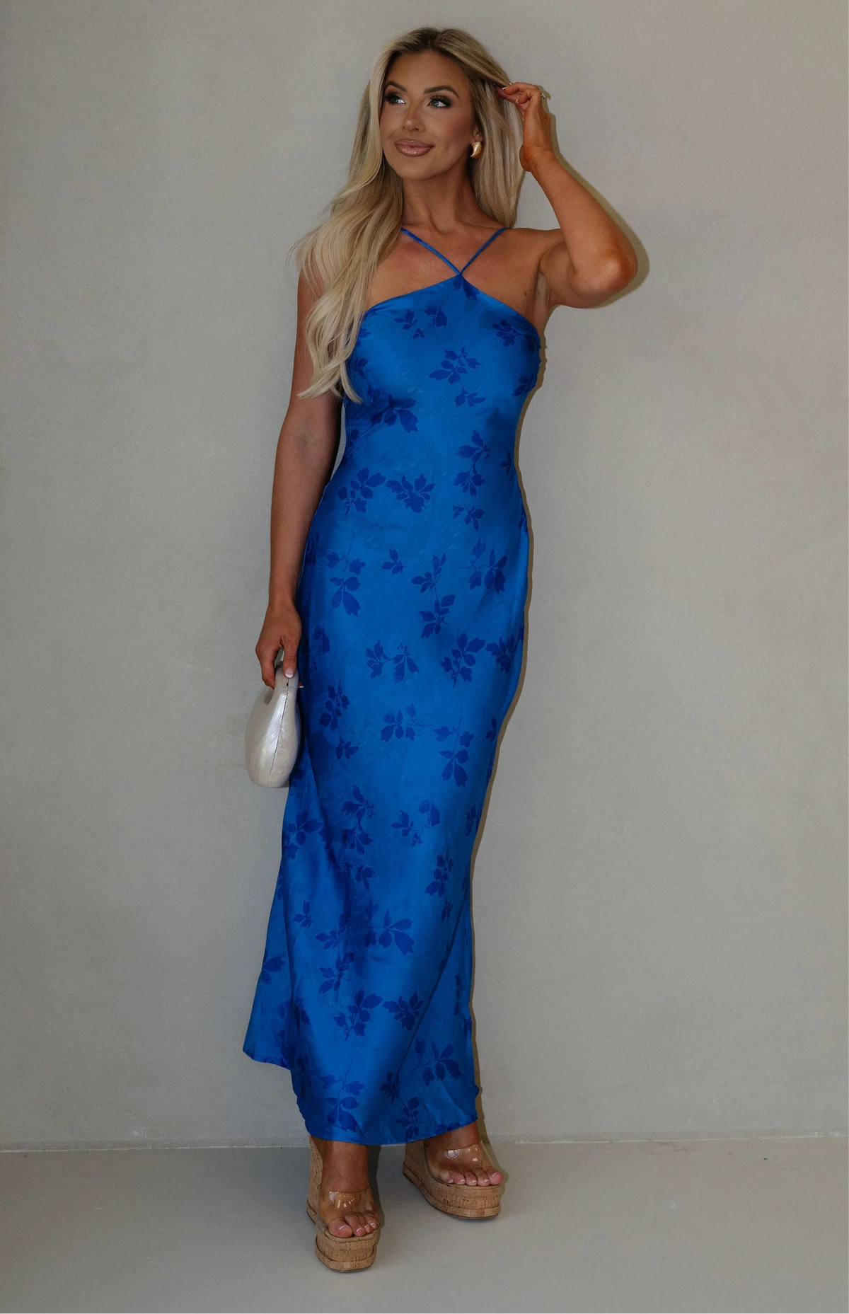 Crossback Halter Maxi Dress-Blue Floral