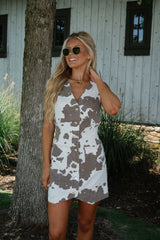 Cow Print Mini Dress-White/Brown