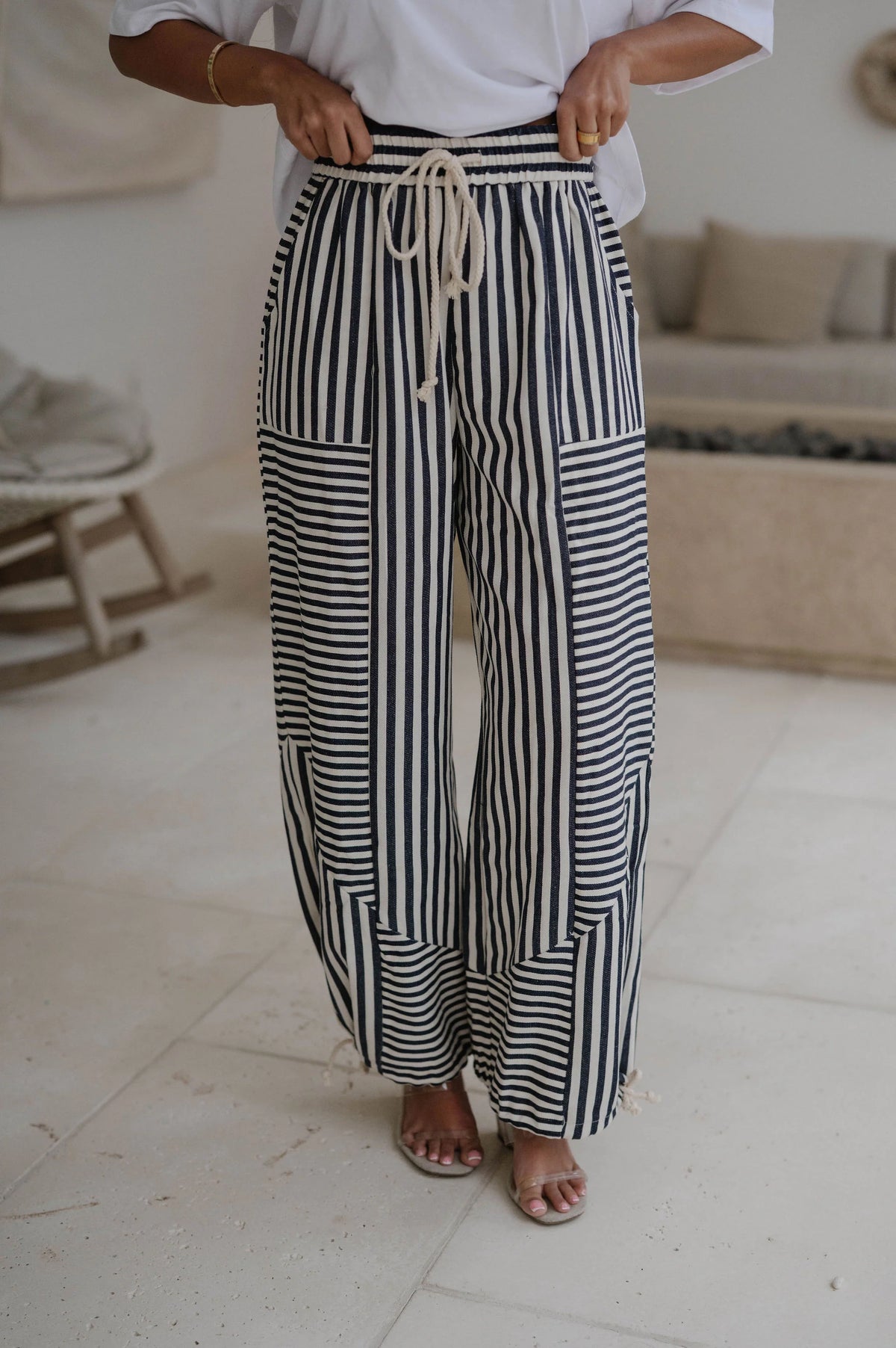 Striped Parachute Pants-Blue