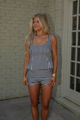 Anna Grace Striped Shorts Set-Black/White